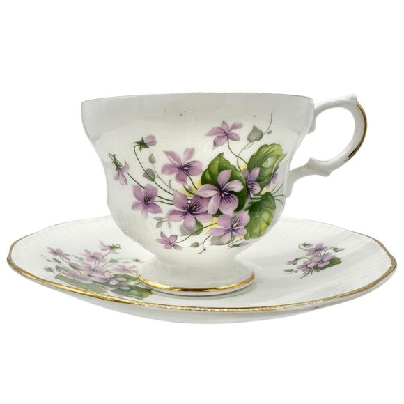 Royal Dover China Bone China Teacup w Saucer White Purple Violets Gold England - Picture 1 of 10